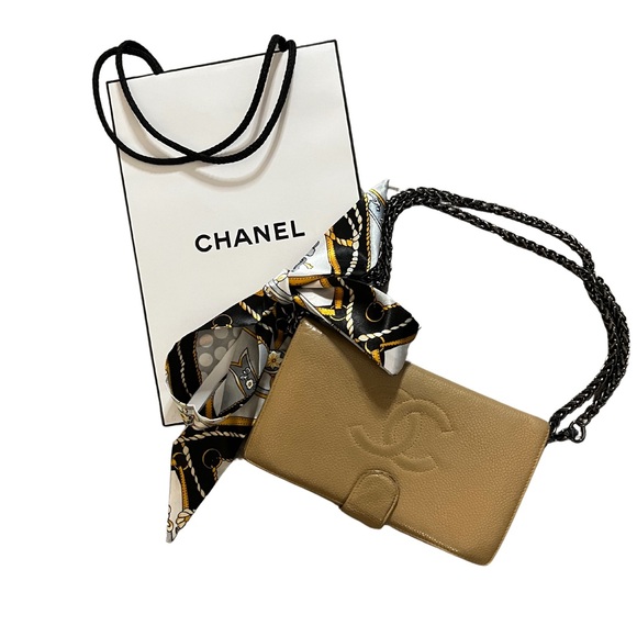 Chanel Leather Wallet Tan w/ chain and twilly - Picture 1 of 8